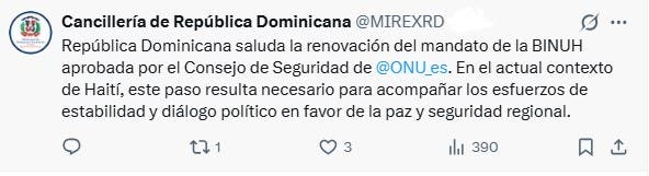 Cancillería dominicana aplaude renovación del mandato de la ONU para promover la paz en Haití