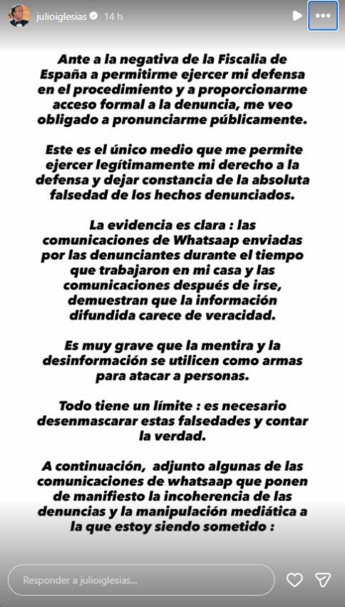Los mensajes de WhatsApp que Julio Iglesias presenta como prueba en su defensa contra acusaciones