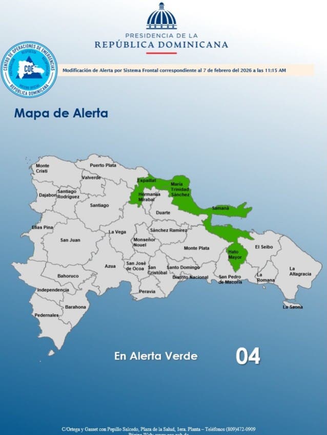 COE mantiene 4 provincias en alerta verde por lluvias