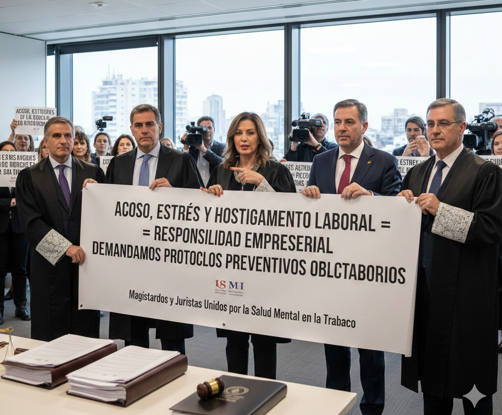 Imagen generada por IA donde figuran especialistas en material laboral reclamando a las empresas establezcer protocolos para evitar el caso laboral, la violencia psicológica y daños psicosociales