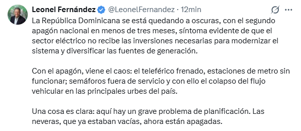 Leonel Fernández sobre apagón masivo: “Las neveras, que ya estaban vacías, ahora están apagadas”