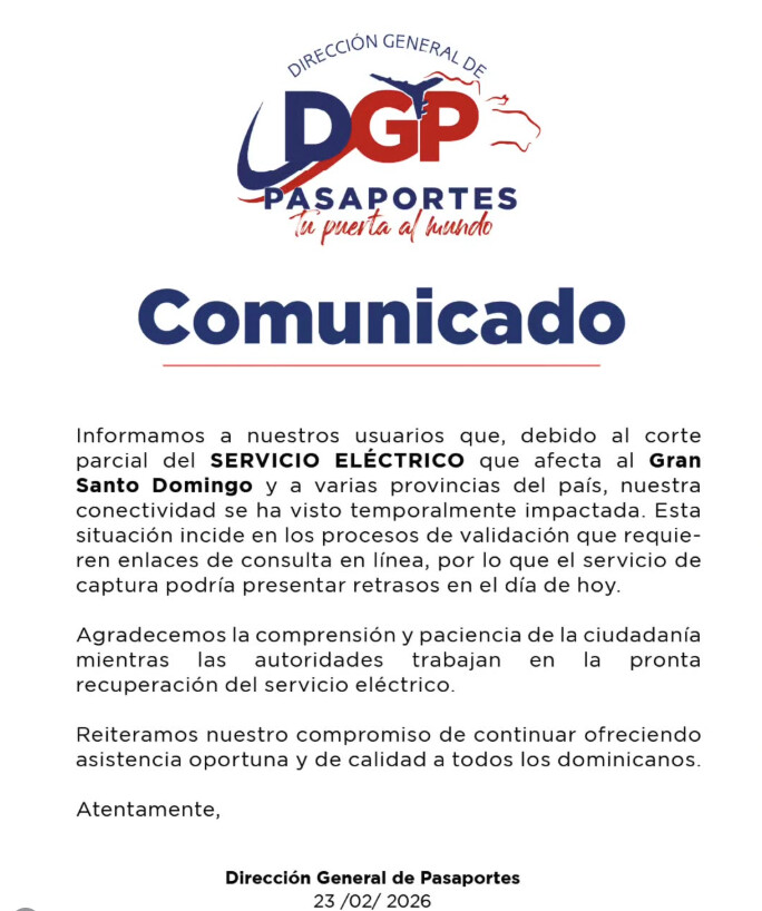 Corte eléctrico genera retrasos en procesos de pasaportes en República Dominicana