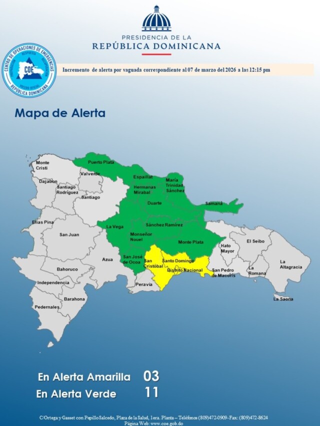 COE emite alerta amarilla en San Cristóbal y Santo Domingo por aguaceros