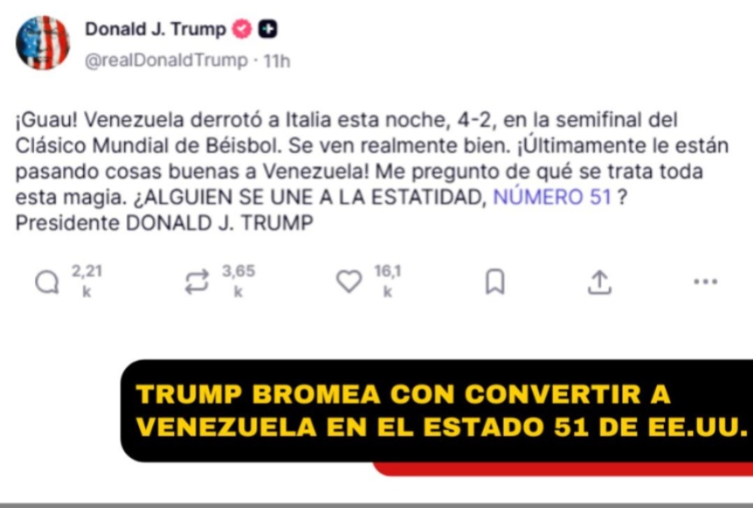 Trump, reaccionó este lunes al triunfo de Venezuela sobre Italia en las semifinales del Clásico Mundial de Béisbol,