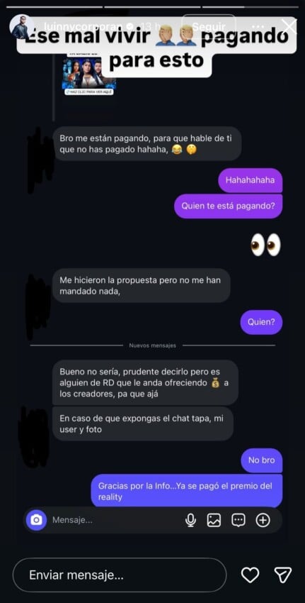 Captura de pantalla historia de Instagarm de Luinny Corporán 