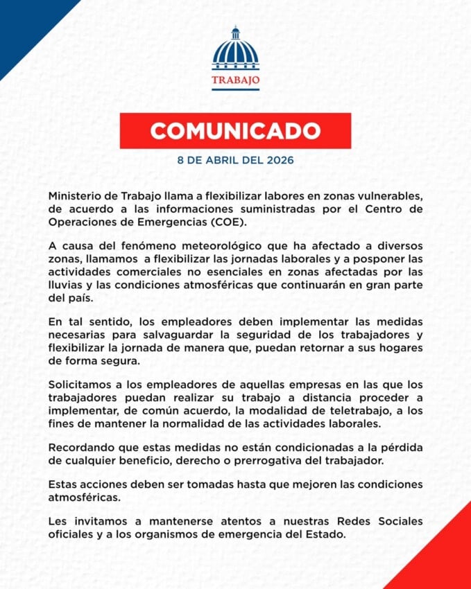 Ministerio de Trabajo pide al sector privado flexibilizar horarios y priorizar el teletrabajo por lluvias