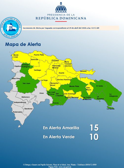COE eleva alertas: 24 provincias y el Distrito Nacional bajo advertencia por lluvias