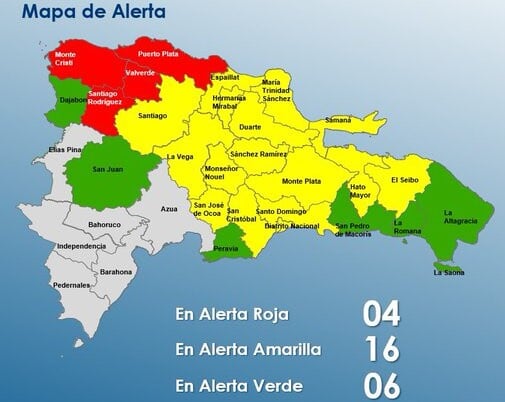 ¡Atención RD! COE mantiene alerta roja en cuatro provincias y sube a nivel amarillo 15 y el DN