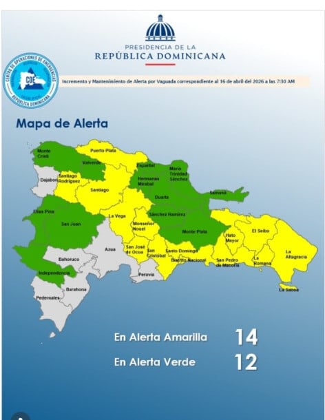 COE eleva a 26 las provincias en alerta por lluvias, tormentas y posibles granizos en República Dominicana