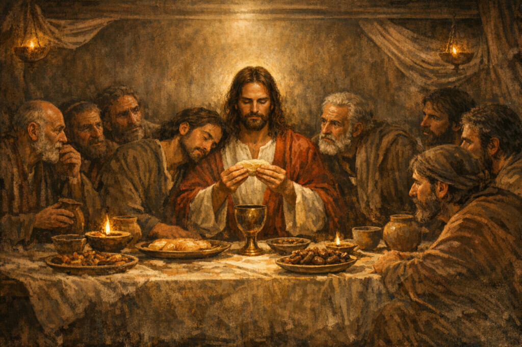Al atardecer, estaba Jesús sentado a la mesa con los doce discípulos.