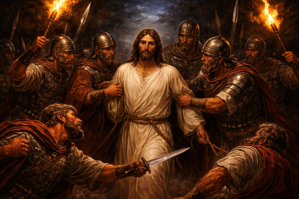 Mientras Jesús estaba todavía hablando, Judas Iscariote llegó acompañado de una gran multitud con espadas y palos.