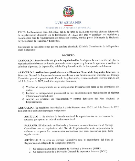 Decreto que regula las bancas de lotería