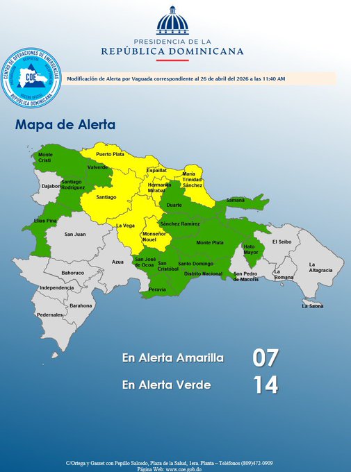 COE disminuye a siete las provincias en amarillo; 21 y el Distrito Nacional continúan en alerta