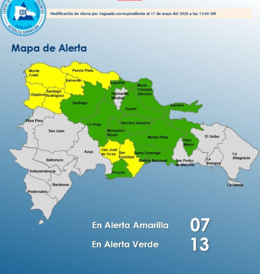 COE emite «alerta amarilla» para siete provincias; 12 figuran en verde, más el Distrito Nacional