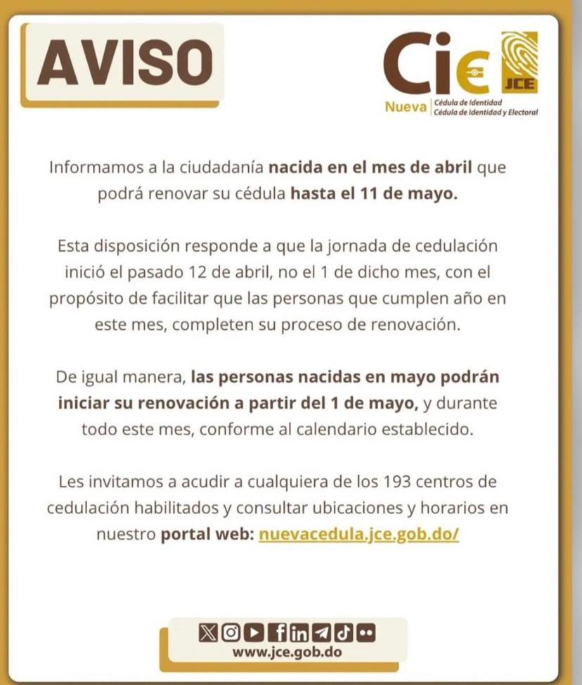 JCE extiende plazo: nacidos en abril podrán renovar su cédula hasta el 11 de mayo